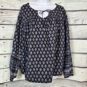 Old Navy Black White Boho Print Peasant Blouse XL Long Sleeve